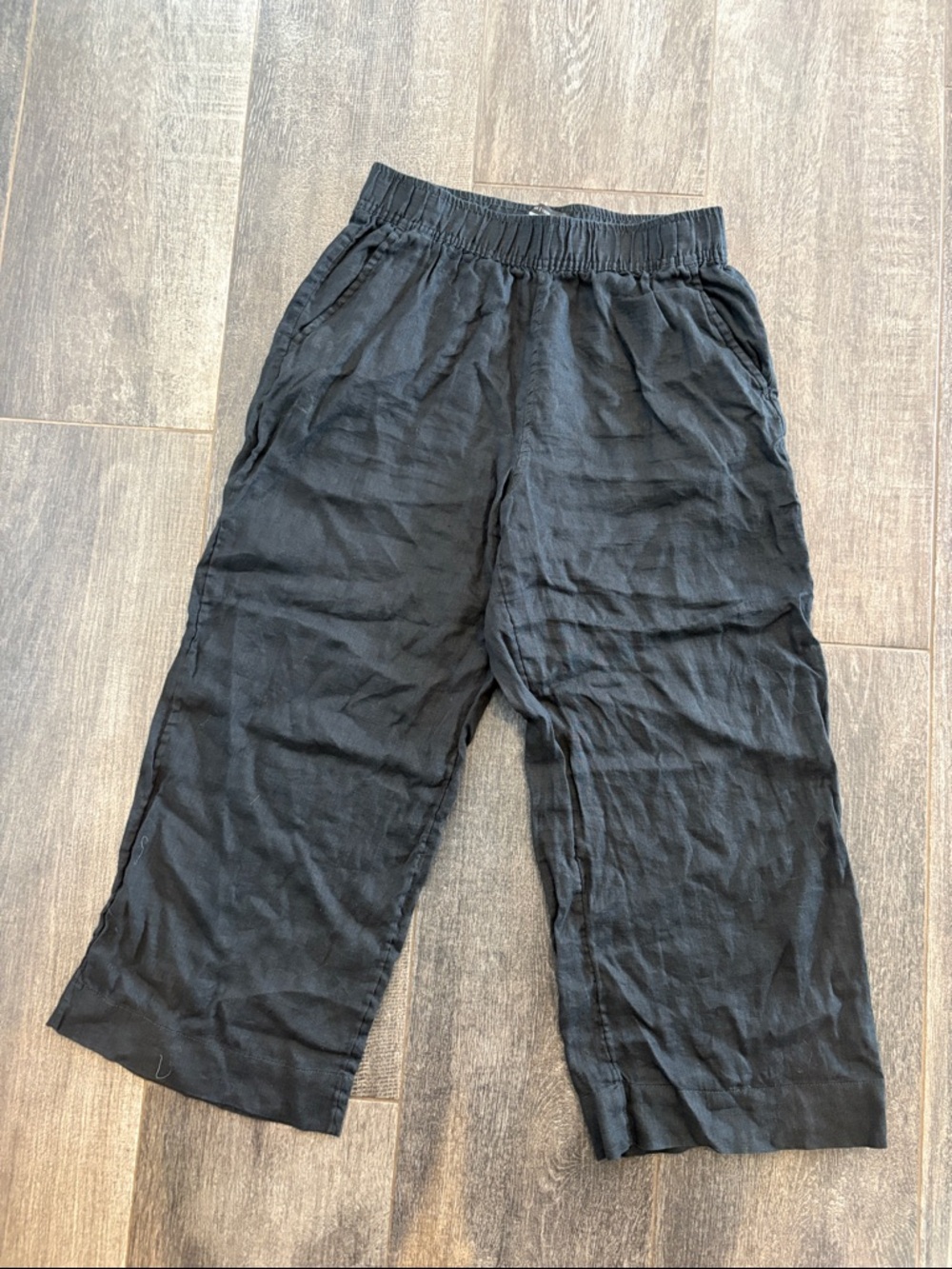 Tahari Woman Black Cropped Elastic-Waist Linen Blend Pants